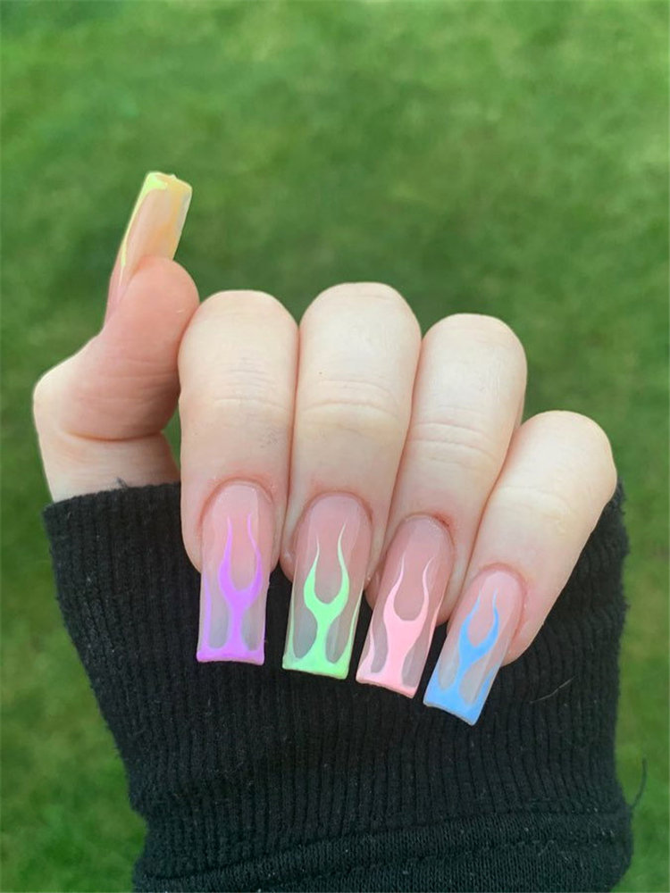 40 Awesome flame nails ideas, There are blue flame or yellow flame or black flame and more. These flame nails ideas are so cool and stunning that you will love them all. #flamenails #flamenailsacrylic #naildesigns