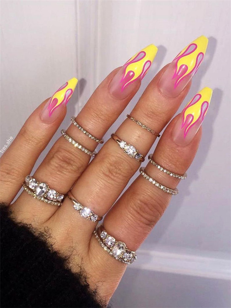 40 Awesome flame nails ideas, There are blue flame or yellow flame or black flame and more. These flame nails ideas are so cool and stunning that you will love them all. #flamenails #flamenailsacrylic #naildesigns