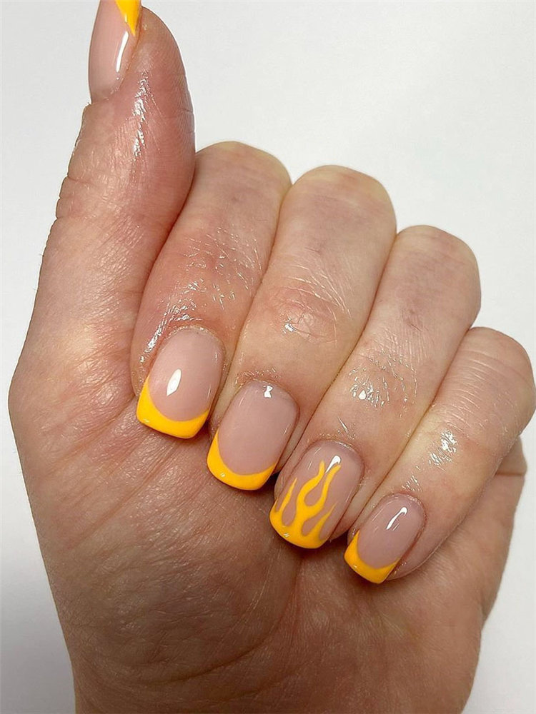 40 Awesome flame nails ideas, There are blue flame or yellow flame or black flame and more. These flame nails ideas are so cool and stunning that you will love them all. #flamenails #flamenailsacrylic #naildesigns