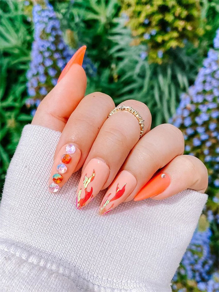 40 Awesome flame nails ideas, There are blue flame or yellow flame or black flame and more. These flame nails ideas are so cool and stunning that you will love them all. #flamenails #flamenailsacrylic #naildesigns