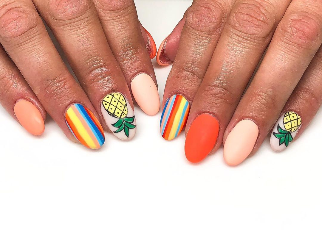 Longing for summer nails designs? Today we have 35 fruit nails to show you. fruit nail designs look so cute and pretty that you can try different design. This manicure is perfect for the summer. #fruitnails #nailsdesigns #summernails #nailideas