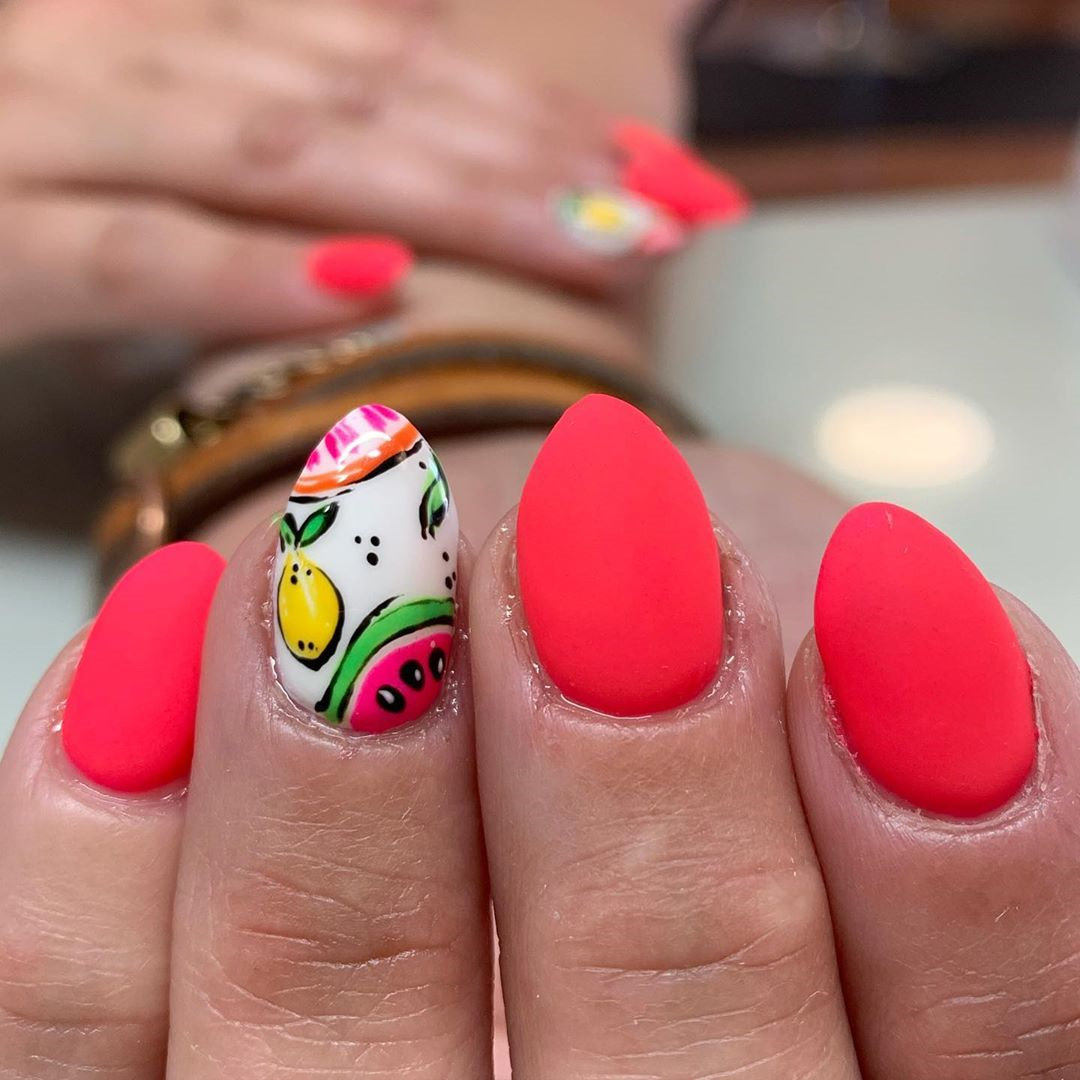 Longing for summer nails designs? Today we have 35 fruit nails to show you. fruit nail designs look so cute and pretty that you can try different design. This manicure is perfect for the summer. #fruitnails #nailsdesigns #summernails #nailideas