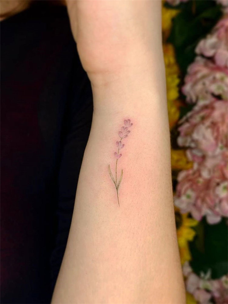 Simple lavender tattoo design ideas on arm, ankle, ribs and and more. If you want to creat lavender tattoo, you can browse our website from time to time. #tattooideas #flowertattoos #lavendertattoo